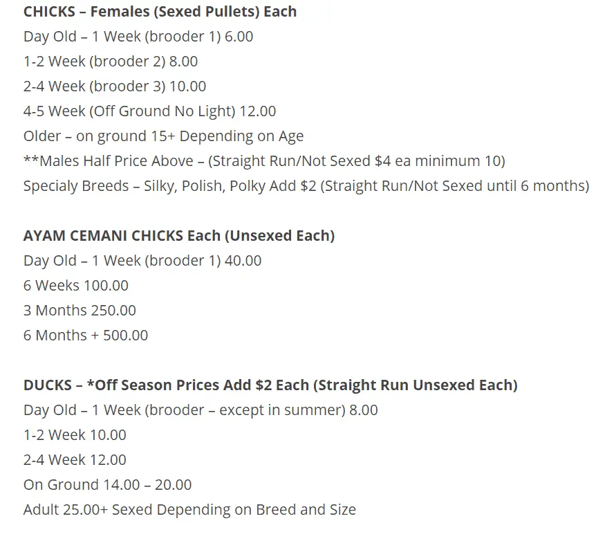 Razas y precios de M&B Farm & Hatchery